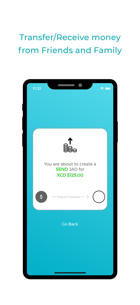 JAD Cash - Confirmation screen in JAD Cash app to send money in Eastern Caribbean Dollars.