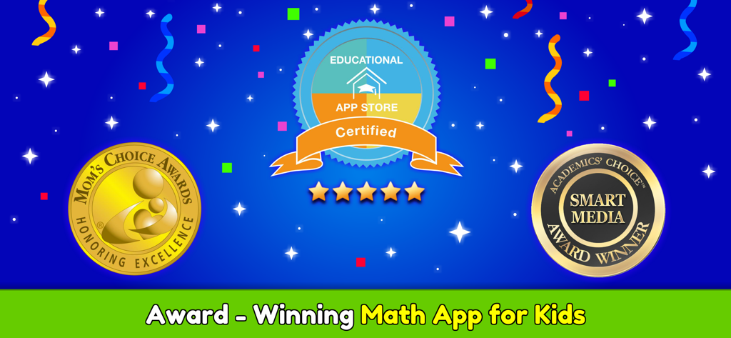 Award winning badges for Math Games For Kids including Mom Choice and Educational App Store certifications with five stars