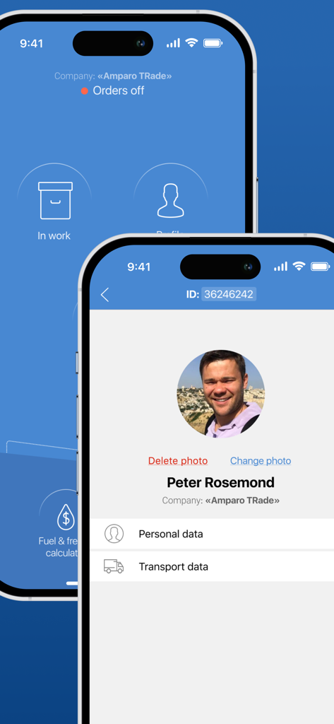 BOMS Courier - Interfaccia dell'app BOMS Courier che mostra la pagina del profilo del conducente e la dashboard principale con le opzioni di consegna.