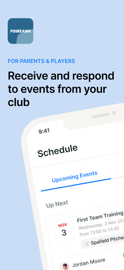 Foireann - Foireann app schedule screen displaying upcoming GAA club events and training sessions for parents and players