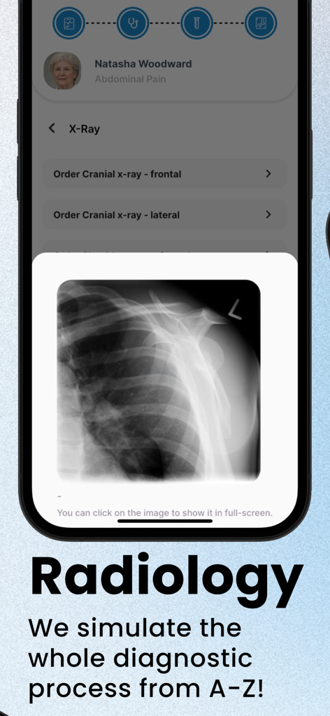 Curans | Virtual Patient Sim - Curans medical app interface showing a radiology simulation with an x-ray image.