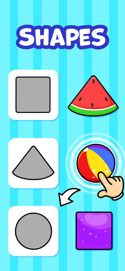 Bildschirm eines Lernspiels, der zeigt, wie ein Kind eine bunte Kugel zieht, um eine kreisförmige Silhouette abzugleichen.