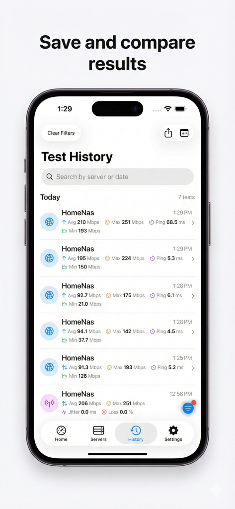iPerf3 Client & Server - A list of network performance test history showing average throughput and ping results in the iPerf3 app.