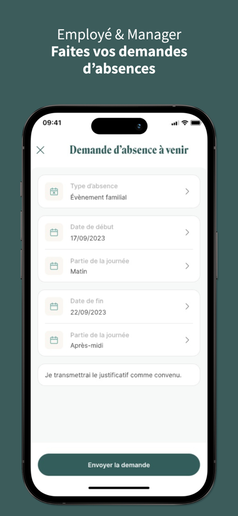 Combo - Una interfaz móvil para la aplicación Combo que muestra un formulario detallado de solicitud de tiempo libre con fechas de inicio y fin.