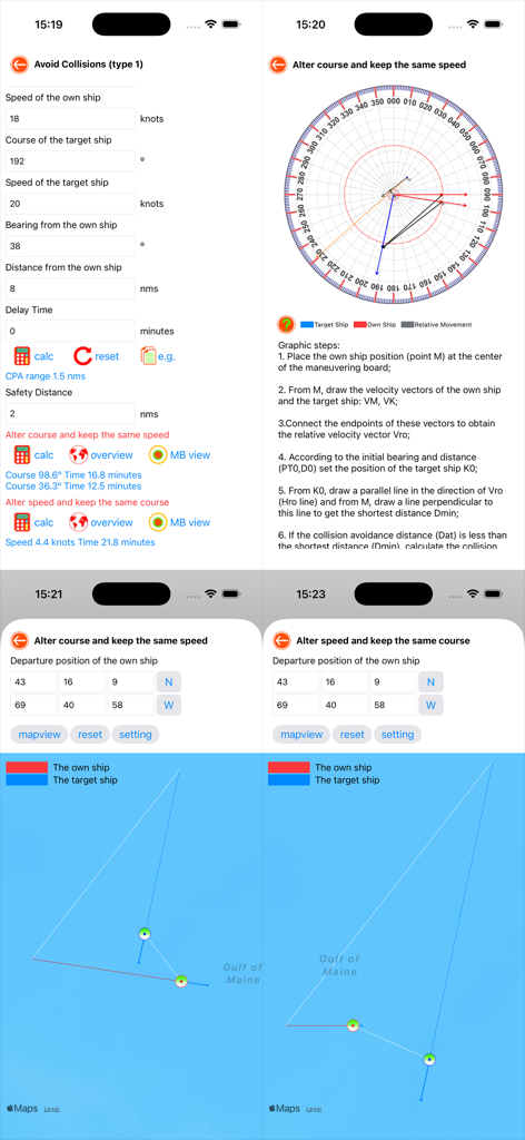 Nautical Calculator Preview - Interface of the Nautical Calculator app showing collision avoidance calculations and a maneuvering board for maritime navigation.