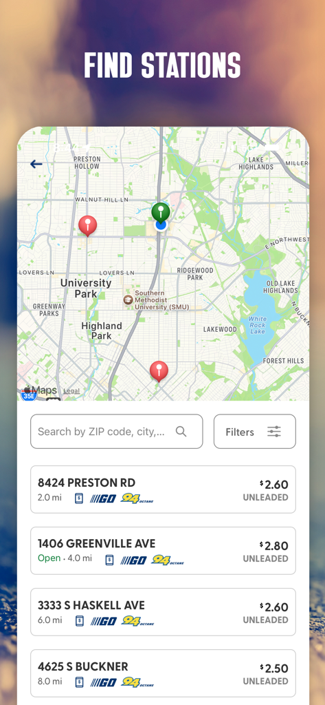 Sunoco - Sunoco app screen showing a map of gas stations with local fuel prices and distance information