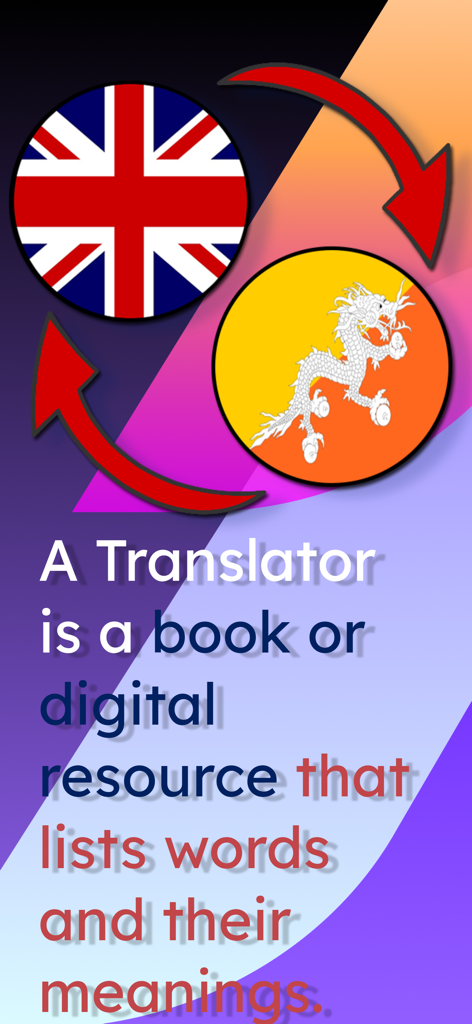 Introductory screen for the English Dzongkha Translator app showing the flags of the United Kingdom and Bhutan with translation arrows