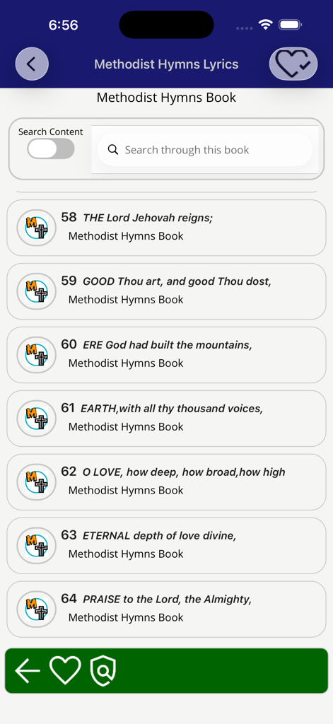 Searchable list of hymns in the Methodist Hymn Lyrics app