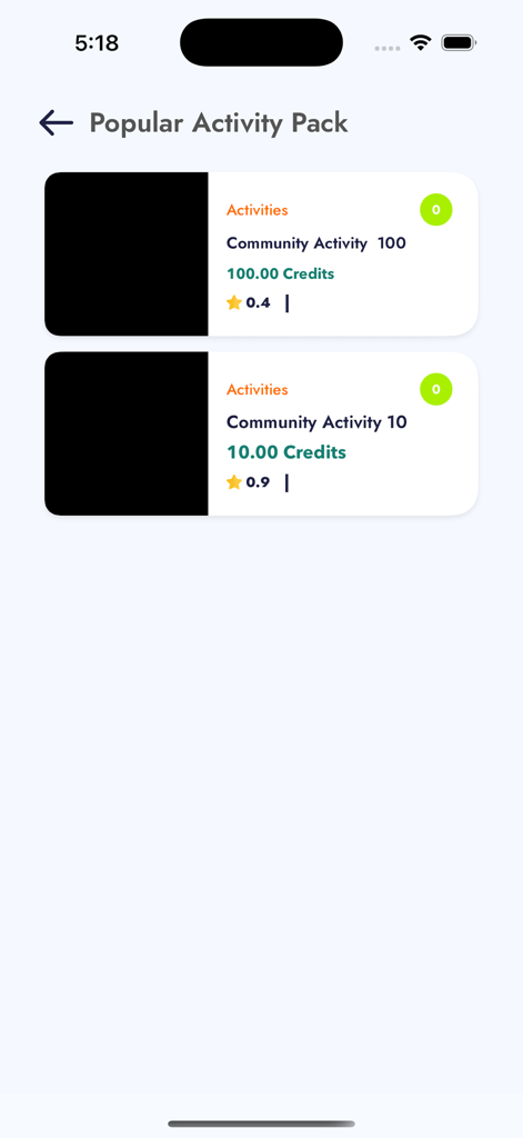 Challe Activity - Screenshot of the Challe app showing a selection of popular activity packs available for purchase with credits.