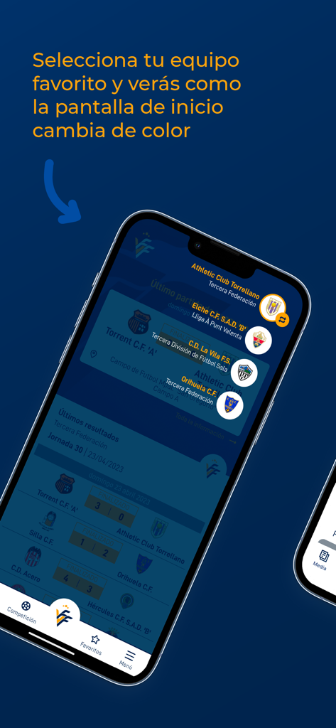 FFCV - A mobile phone screen of the FFCV app showing how to select a favorite soccer team to personalize the interface color
