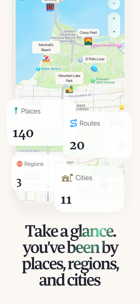 Placify - Map & Trip Planner - Placify app interface showing travel statistics including places routes and cities visited on a map