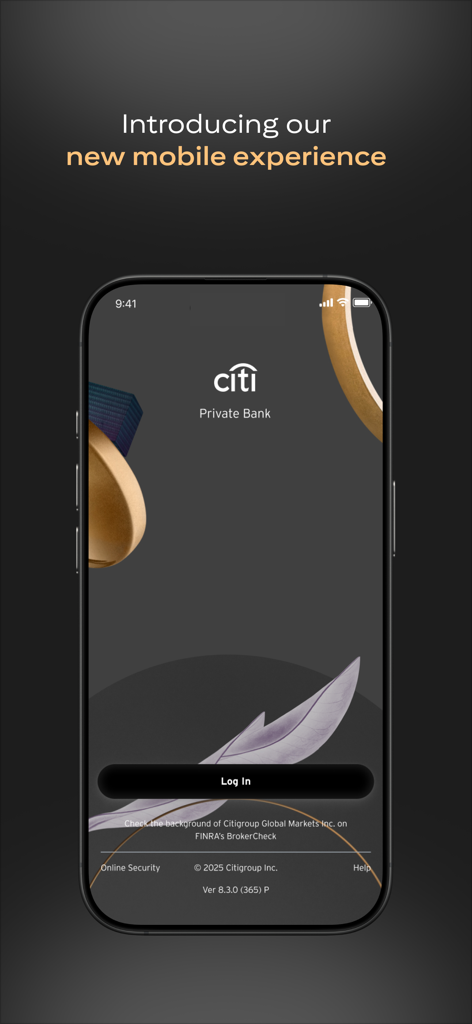 Citi Private Bank In View - Citi Private Bank In View mobile app login screen featuring a sleek dark interface and luxury branding