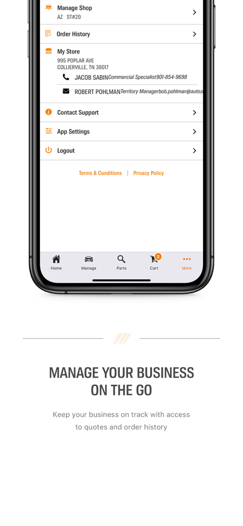 AutoZonePro Mobile app menu for shop management and order history