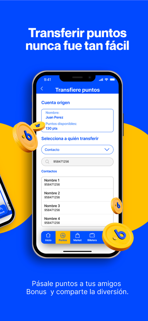 Bonus Perú - Interface of the Bonus Peru app showing the point transfer feature between users.