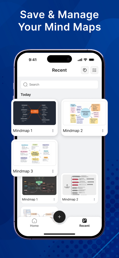 AI Mind Map: Visual Mind Node - Uma tela móvel mostrando uma biblioteca de mapas mentais visuais salvos recentemente no aplicativo Mapa Mental de IA.