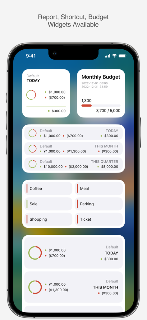 YeNom - YeNom iPhone widgets showing budget reports and transaction shortcuts