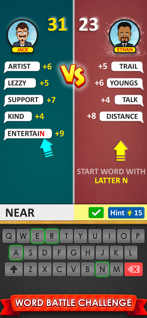 Word Game 2026: Word Connect - A split screen word battle interface showing a competitive match between two players with a keyboard at the bottom.