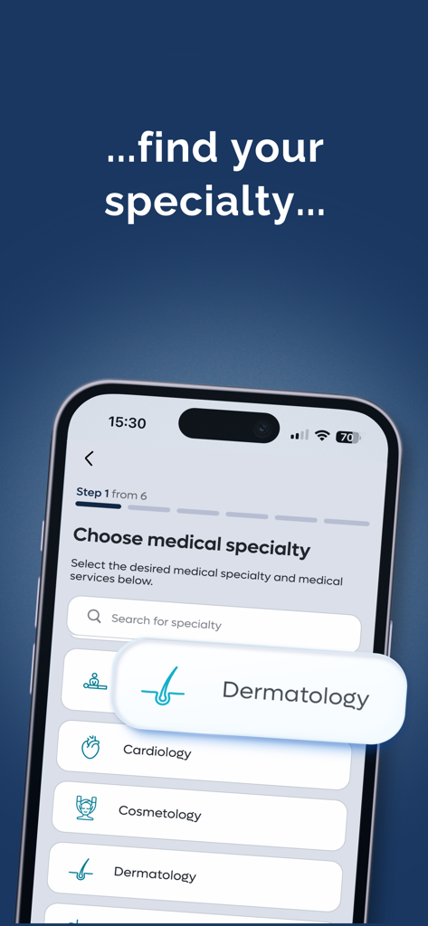 InvitroZen - Una pantalla de aplicación móvil para elegir una especialidad médica en la aplicación InvitroZen con opciones de cardiología y dermatología