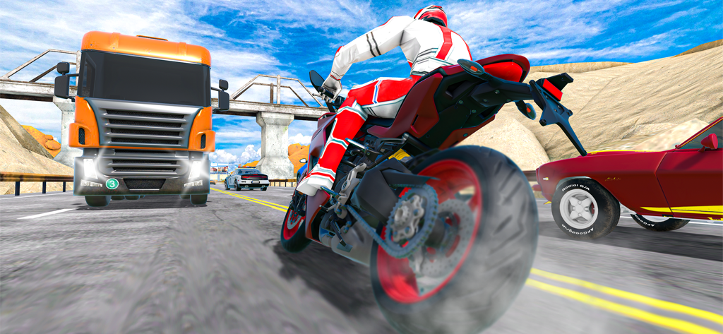 Roadway Rider Bike Racing Game - A red motorcycle racing past an orange truck on a highway in Roadway Rider