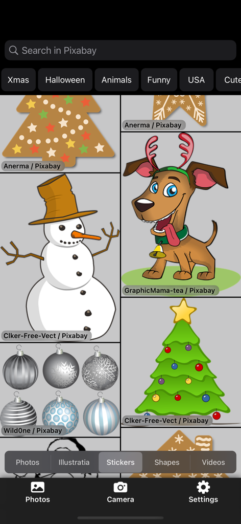 ReColor - Art Photo Editor - Interfaz de biblioteca de stickers en ReColor Art Photo Editor mostrando ilustraciones y gráficos festivos