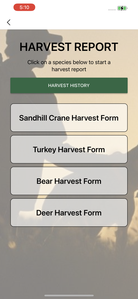 Harvest Report screen in the TWRA On the Go app showing reporting forms for sandhill crane turkey bear and deer