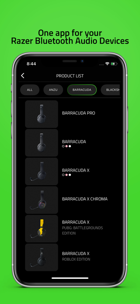 Razer Audio app screen showing a list of Barracuda gaming headsets for selection and configuration.