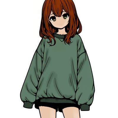 realistic manga girl wearing oversized sweatshirt and shorts