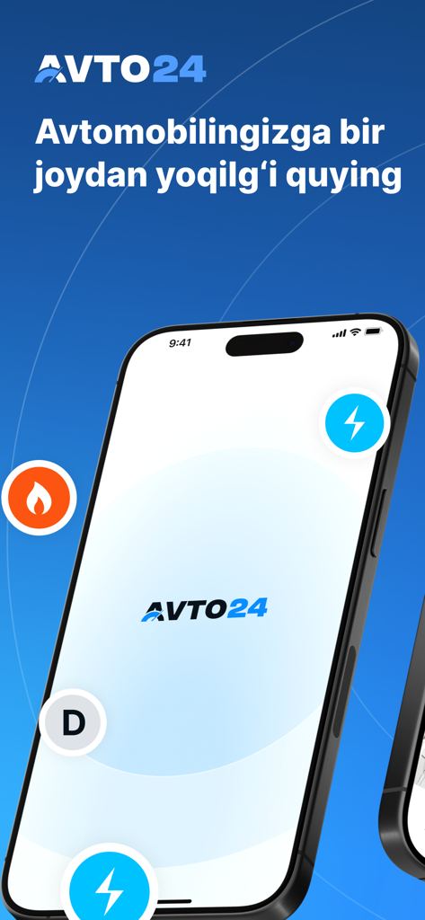 Avto24 - Pantalla de inicio de la aplicación móvil Avto24 que muestra iconos de carga de vehículos de gasolina y eléctricos