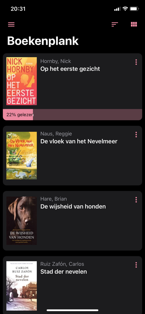 Passend Lezen - Passend Lezen app interface showing the personal bookshelf with a list of Dutch audiobooks