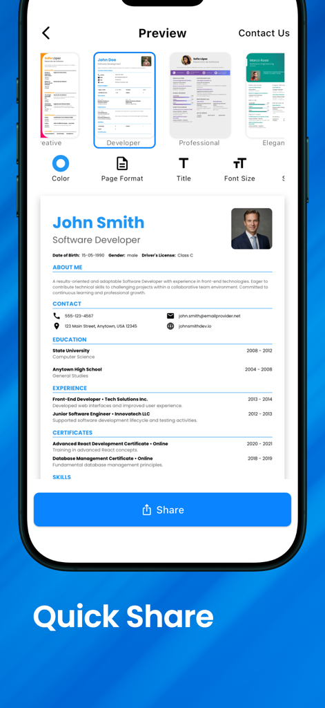 iPhone-App-Bildschirm mit einer Vorschau eines professionellen Lebenslaufs und einer schnellen Freigabetaste