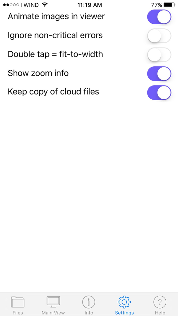 Tela de configurações do aplicativo Fast Image Viewer mostrando controles deslizantes para animação do visualizador e armazenamento de arquivos na nuvem.