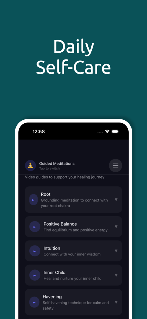Regulator - Regulator app screen showing a menu of guided meditations including grounding and inner child support for daily self care