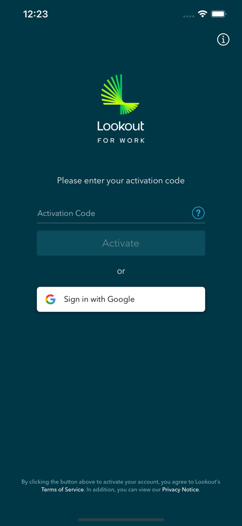Tela de ativação para o aplicativo Lookout for Work com entrada de código de ativação e opção de login com Google
