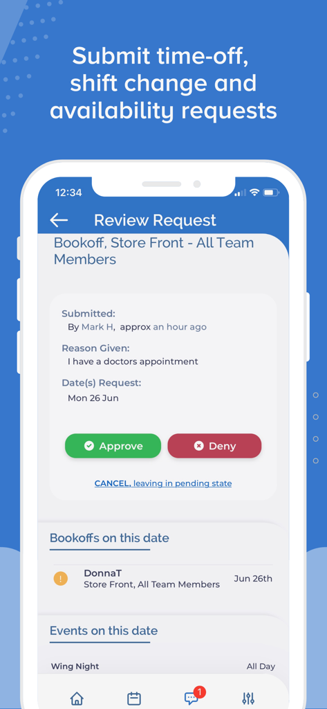 Écran de l'application Ameego pour examiner et approuver les demandes de congés des employés.