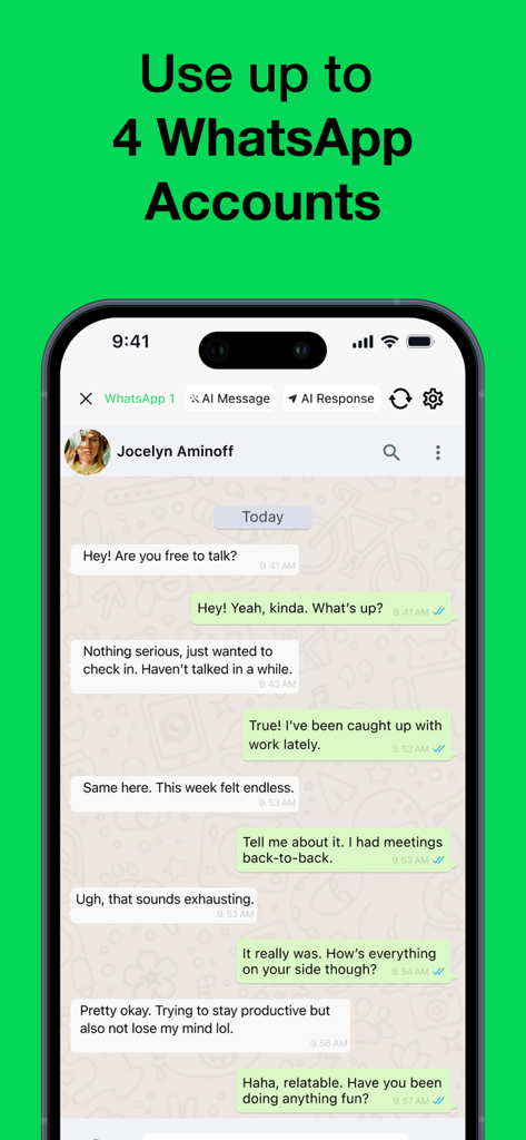 Messenger Business app screenshot on iPhone showing chat interface with support for four WhatsApp accounts and AI messaging options.
