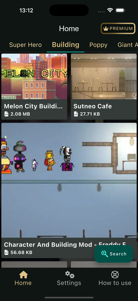 HD Melmods Sandbox Mod - HD Melmods app interface displaying available building and character mods for Melon Sandbox.