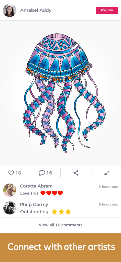 Coloring Book For Adults App ◌ - Social feed in the iColor app featuring a colorful jellyfish drawing and community comments.