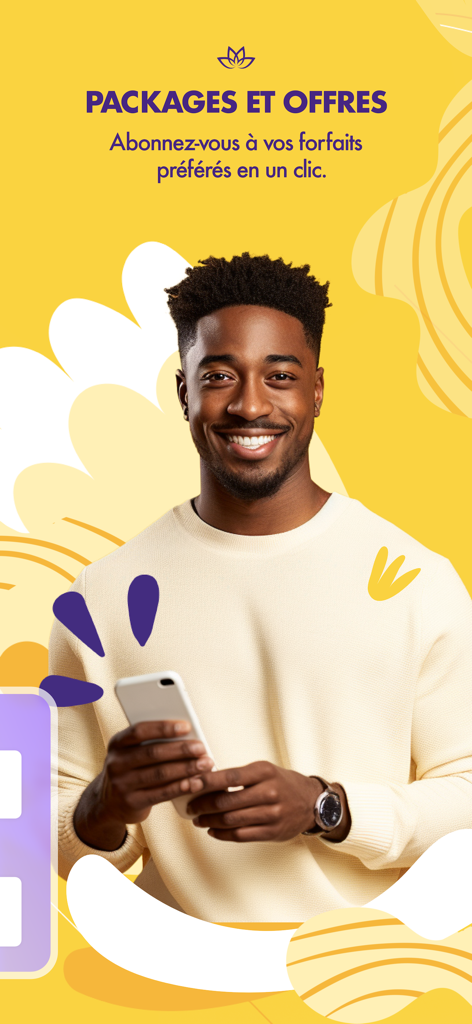 Un hombre sonriente sosteniendo un teléfono inteligente junto a un texto que promociona las suscripciones a paquetes móviles sobre un fondo amarillo