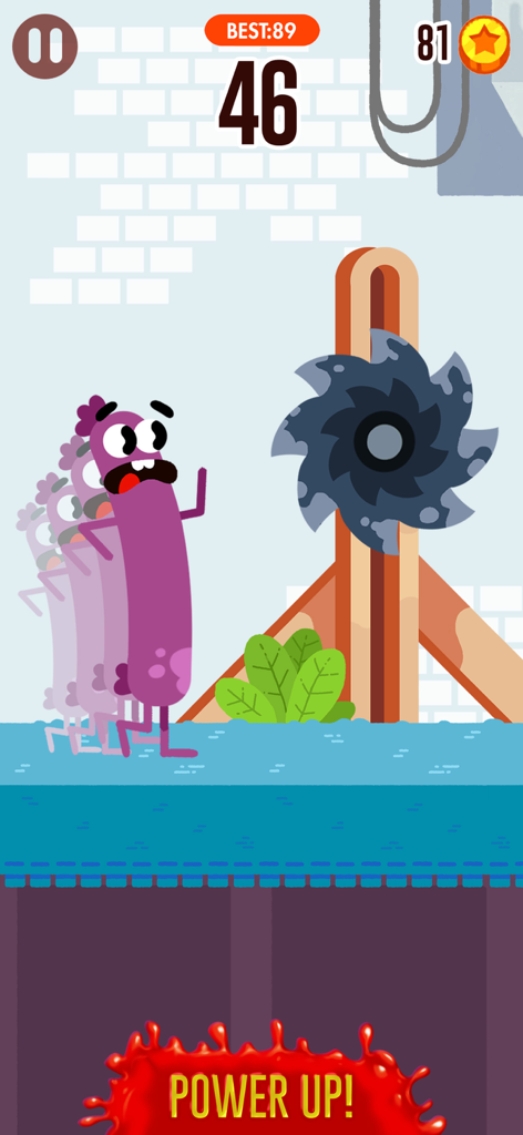 A purple sausage character running away from a spinning saw blade