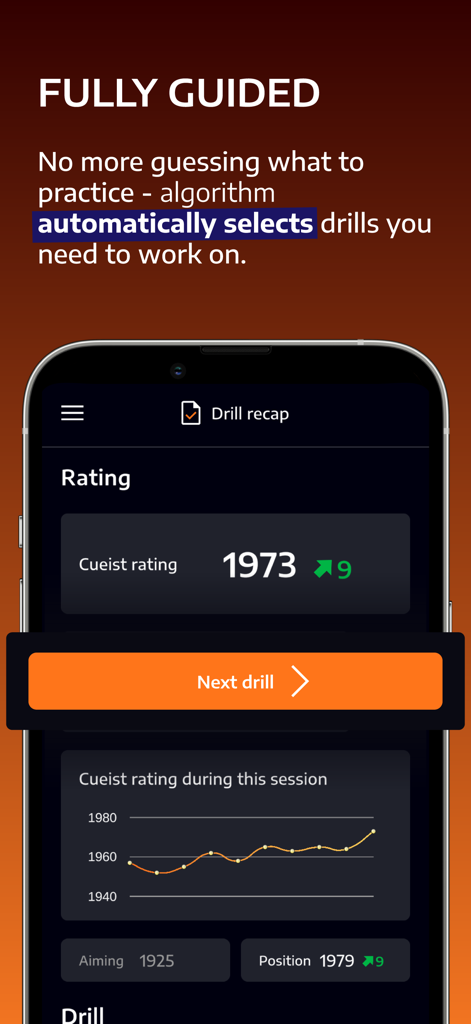 Cueist: Pool Training - Cueist app drill recap screen showing a pool player rating of 1973 and a session progress chart
