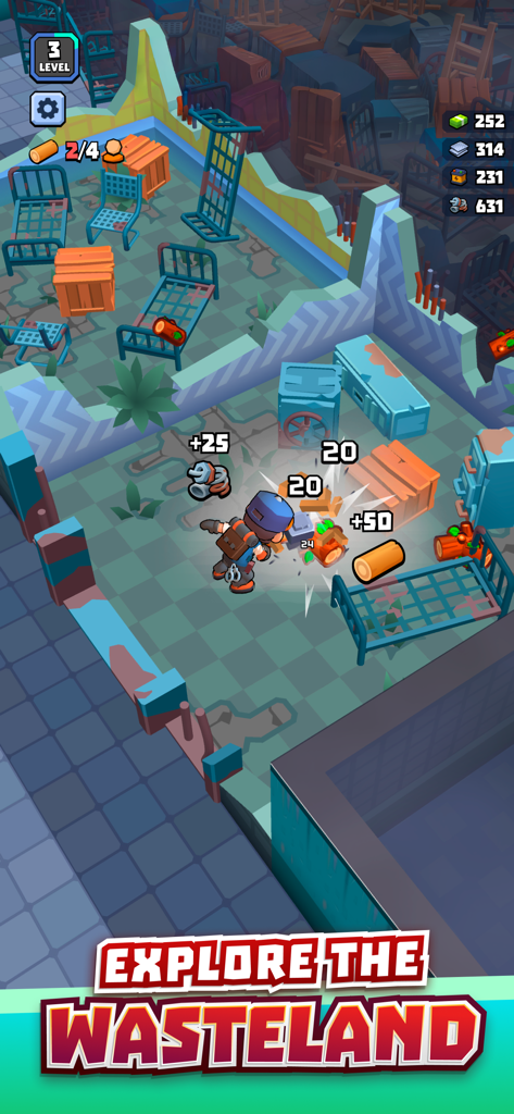 Character gathering wood and scrap metal in a ruined prison cell