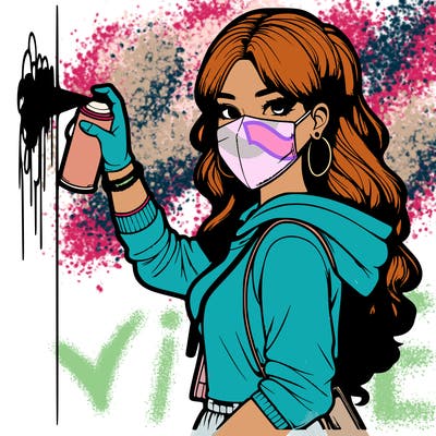 realistic girl with mask spray painting a wall