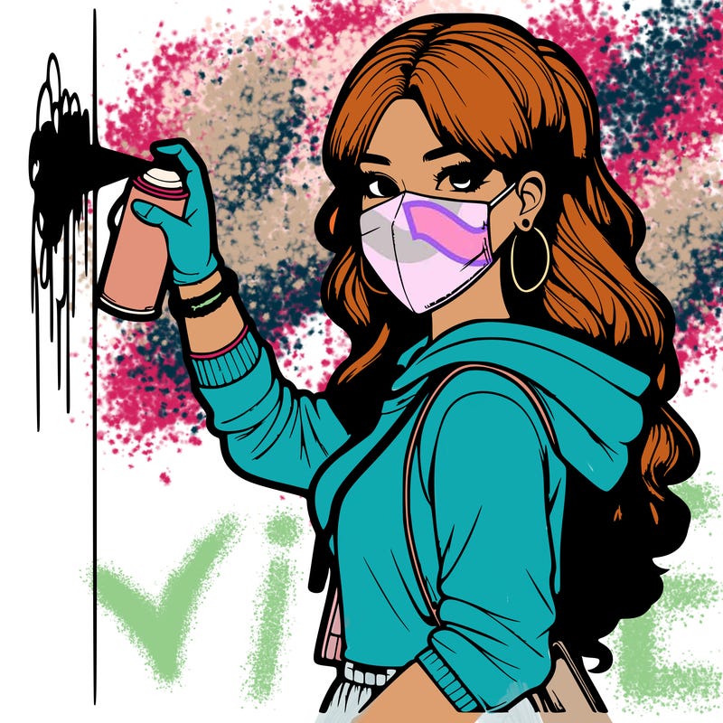 realistic girl with mask spray painting a wall