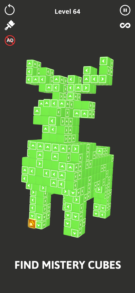 Una estructura 3D de ciervo verde hecha de bloques direccionales en el nivel 64 de Tap Escape