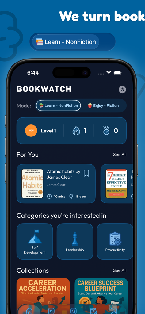 Interfaz principal de la aplicación BookWatch que muestra resúmenes de libros de no ficción y categorías de crecimiento personal