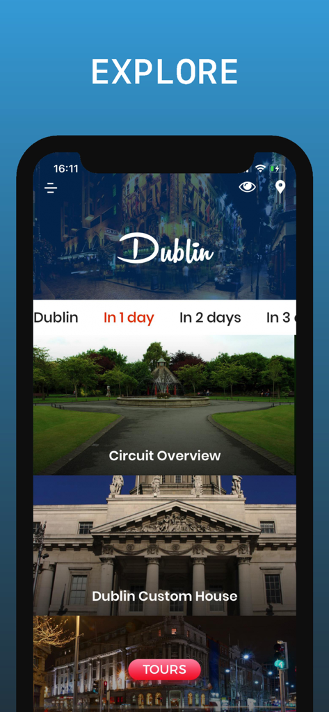 더블린 여행 가이드 앱 인터페이스, 도시 일정 옵션 및 랜드마크 사진 표시