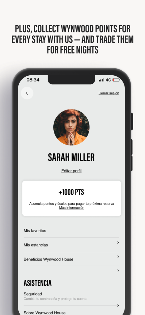 Wynwood House - Sarah Miller profile screen in the Wynwood House app showing earned loyalty points for free nights