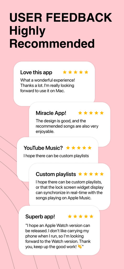 Dtd Playlist-Daily Mood Music - Uma coleção de cartões de avaliação de usuários de cinco estrelas para o aplicativo Dtd Playlist em um fundo rosa suave