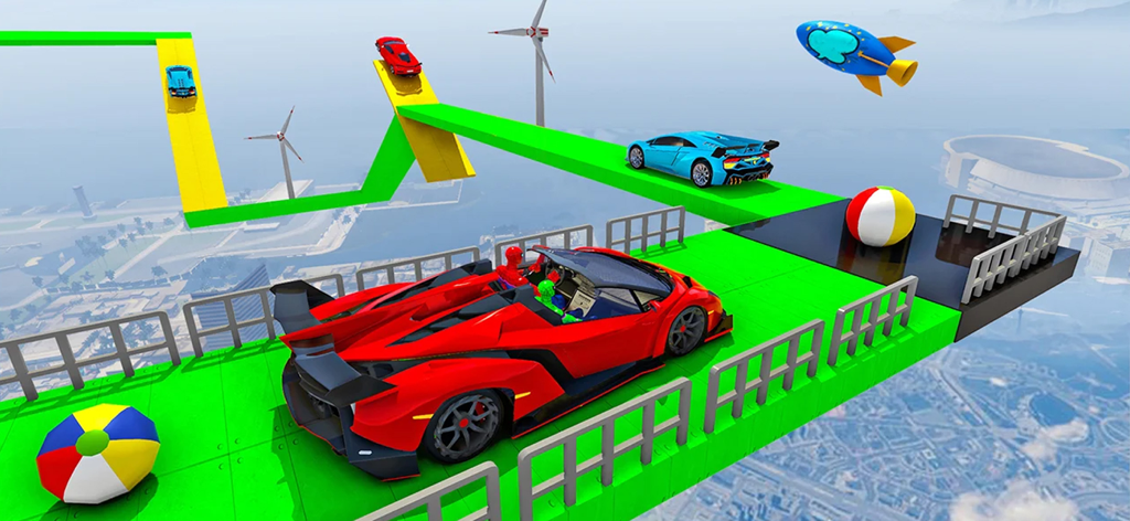 Auto sportive colorate di supereroi che eseguono acrobazie su mega rampe ad alta quota sopra una città