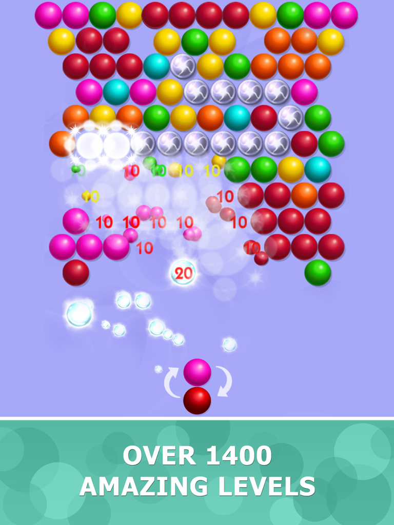 Gameplay screenshot of Bubblez Magic Bubble Quest HD with colorful bubbles and over 1400 amazing levels text